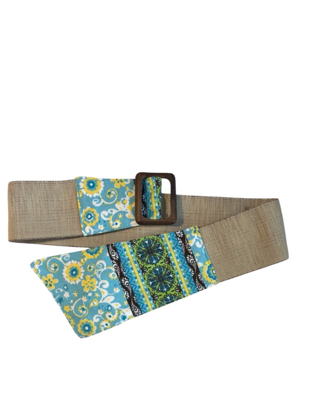 Wide beige fabric belt with blue and yellow floral accent ends Women’s M/L | e